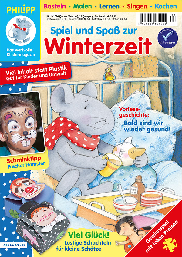 Die Abbildung zeigt das Titelbild der Ausgabe 1/2024 der Kinderzeitschrift PHILIPP die Maus