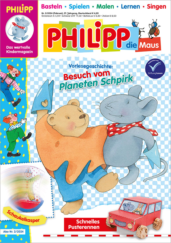 Die Abbildung zeigt die Titelseite der Ausgabe 2/2024 der Kinderzeitschrift PHILIPP die Maus