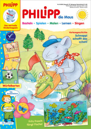 Die Abbildung zeigt die Titelseite der Ausgabe 8/2024 der Kinderzeitschrift PHILIPP die Maus