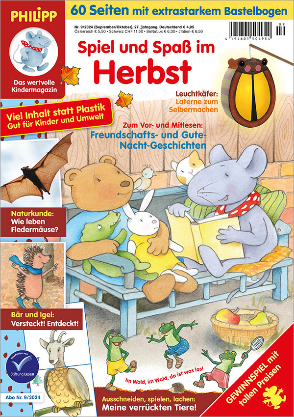 Die Abbildung zeigt die Titelseite der Ausgabe 9/2024 der Kinderzeitschrift PHILIPP die Maus