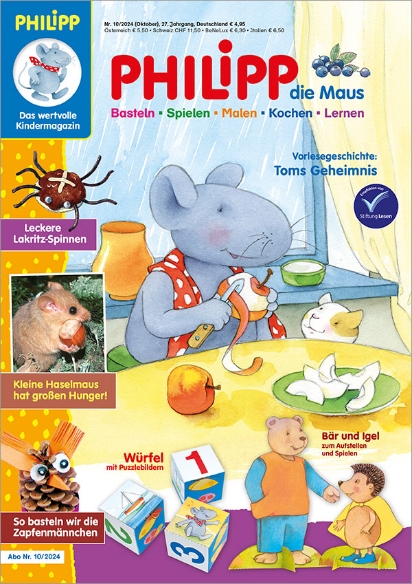 Die Abbildung zeigt die Titelseite der Ausgabe 10/2024 der Kinderzeitschrift PHILIPP die Maus