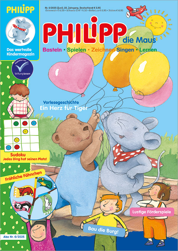 Die Abbildung zeigt das Titelblatt der Kinderzeitschrift PHILIPP die Maus Ausgabe Nr. 6/2025 mit einer Illustration in der PHILIPP und sein Freund Tom Schnüre in festhalten an denen Luftballons befestigt sind, die über Ihnen schweben. Auf der Titelseite werden außerdem auf folgende Inhalte hingewiesen: Sudoku, Fähnchen zum Basteln für Trinkhalme, das Brettspiel "Bau die Burg" und auf Förderspiele.