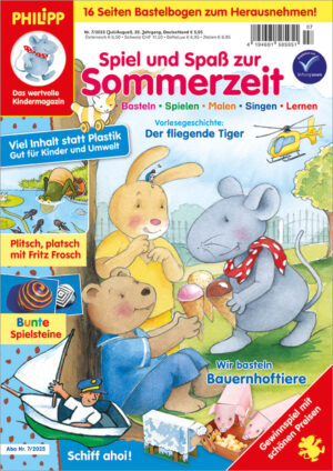 Die Abbildung zeigt das Titelblatt der Kinderzeitschrift PHILIPP die Maus Ausgabe Nr. 7/2025 mit einer Illustration in der PHILIPP und seine Freunde Tom und Milly unter einem Baum Eis essen. Am linken Heftrand sieht man einen Ausschnitt des Suchbilds mit Fritz Frosch, darunter zwei Fotos von bemalten Steinen, darunter eine Illustration mit einem kleinen Segelboot mit Segler, der eine blaue Kappe trägt. Am unteren Heftrand sind gebastelte Bauernhoftiere zu sehen, die man im Bastelteil ausschneiden, falten und zusammenkleben kann. In der rechten unteren Ecke befindet sich noch ein Hinweis auf das Gewinnspiel im Heft.