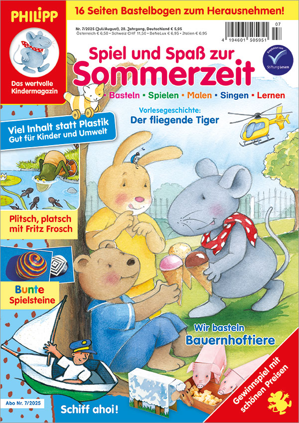 Die Abbildung zeigt das Titelblatt der Kinderzeitschrift PHILIPP die Maus Ausgabe Nr. 7/2025 mit einer Illustration in der PHILIPP und seine Freunde Tom und Milly unter einem Baum Eis essen. Am linken Heftrand sieht man einen Ausschnitt des Suchbilds mit Fritz Frosch, darunter zwei Fotos von bemalten Steinen, darunter eine Illustration mit einem kleinen Segelboot mit Segler, der eine blaue Kappe trägt. Am unteren Heftrand sind gebastelte Bauernhoftiere zu sehen, die man im Bastelteil ausschneiden, falten und zusammenkleben kann. In der rechten unteren Ecke befindet sich noch ein Hinweis auf das Gewinnspiel im Heft.