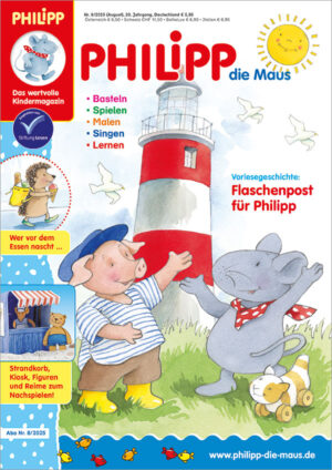 Die Abbildung zeigt das Titelblatt der Kinderzeitschrift PHILIPP die Maus Ausgabe Nr. 8/2025 mit einer Illustration in der PHILIPP mit Tiger zu Besuch bei Jan dem Leuchtturmwächter ist. Alle stehen auf einer Wiese vor dem weiß-rot gestreiften Leuchtturm, die Sonne scheint und drei Möwen ziehen vorbei. Am linken Heftrand ist der Igel aus der Reimgeschichte "Wer vor dem Essen nascht …" zu sehen, darunter der Strandkiosk zum Ausschneiden, Falten und Kleben aus dem Bastelteil, inklusive Spielfiguren.