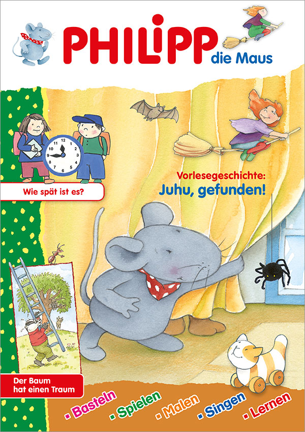 Die Titelseite der Ausgabe Nr. 10/2025 der Kinderzeitschrift PHILIPP die Maus. Das Hauptmotiv zeigt PHILIPP wie er einen Vorhang zur Seite hält, unter dem die Füße seines Freundes Tom herausschauen. Weitere Abbildungen zeigen zwei Kinder mit einer Uhr von der Lernseite "Wie spät ist es" und eine Illustration mit einem Dachs, der eine Leiter hält vom Bastelprojekt "Der Baum hat einen Traum".
