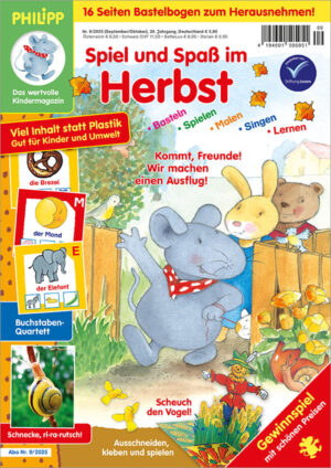 Die Titelseite der Ausgabe Nr. 9/2025 der Kinderzeitschrift PHILIPP die Maus. Das Hauptmotiv zeigt PHILIPP mit seinen Freunden Milly und Tom wie sie gerade durch ein Gartentor gehen. Weitere Abbildungen zeigen das Buchstaben-Quartett und das Brettspiel „Scheuch den Vogel“ aus dem Bastelteil, sowie ein Foto einer Schnecke aus dem dazugehörigen Artikel.