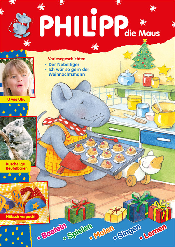 Die Abbildung zeigt die Titelseite der Ausgabe 12/2025 der Kinderzeitschrift PHILIPP die Maus. Das Hauptmotiv zeigt PHILIPP zusammen mit Tiger in der Küche beim Weihnachtsplätzchen backen. Am linken Rand wird auf weitere Inhalte hingewiesen: U wie UHU (Vokale lernen), Kuschelige Beutelbären (Koalas) und Hübsch verpackt (Geschenkpäckchen zum Ausschneiden und falten aus dem im Heft enthaltenen Bastelteil)