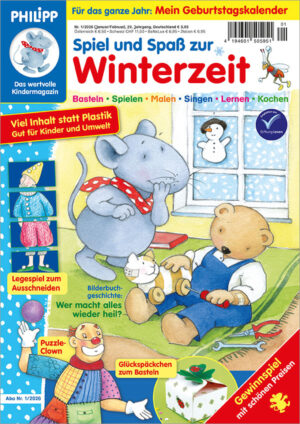 Die Titelseite der Ausgabe Nr. 01/2026 der Kinderzeitschrift PHILIPP die Maus. Das Hauptmotiv zeigt PHILIPP und Tom beim Reparieren von Tigers Rad.