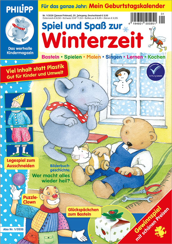 Die Titelseite der Ausgabe Nr. 01/2026 der Kinderzeitschrift PHILIPP die Maus. Das Hauptmotiv zeigt PHILIPP und Tom beim Reparieren von Tigers Rad.