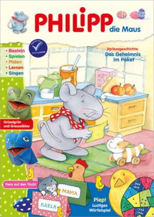 Die Titelseite der Ausgabe Nr. 4/2026 der Kinderzeitschrift PHILIPP die Maus. Das Hauptmotiv zeigt wie PHILIPP seinem Tiger in der Küche die Post vorliest.