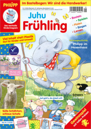 Die Abbildung zeigt die Titelseite der Ausgabe Nr. 5/2026 der Kinderzeitschrift PHILIPP die Maus. Das Hauptmotiv zeigt PHILIPP mit Rucksack und Wanderstab zusammen mit Tiger auf einer Wiese mit Schafen.