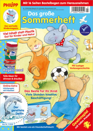 Die Abbildung zeigt die Titelseite der Kinderzeitschrift PHILIPP die Maus Ausgabe Nr. 7/2026. Das Hauptmotiv zeigt PHILIPP und Tiger mit den Freunden Tom und Milly auf einer Wiese beim Fußballspielen.