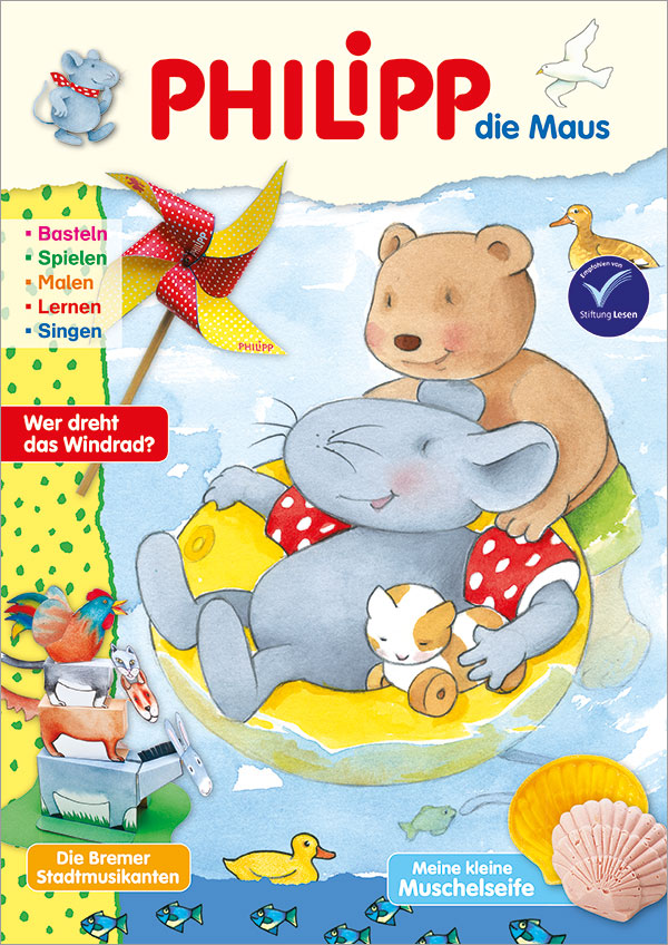 Die Abbildung zeigt die Titelseite der Kinderzeitschrift PHILIPP die Maus Ausgabe Nr. 8/2026. Das Hauptmotiv zeigt PHILIPP und Tiger in einem Schwimmring sitzend zusammen mit Tom beim Baden im See.