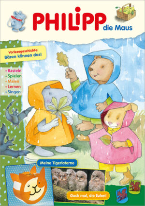 Die Abbildung zeigt die Titelseite der Kinderzeitschrift PHILIPP die Maus Ausgabe Nr. 10/2026. Das Hauptmotiv zeigt PHILIPP, Tom und Milly in Regenjacken beim Sammeln von Baumblättern.