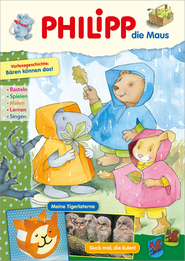 Die Abbildung zeigt die Titelseite der Kinderzeitschrift PHILIPP die Maus Ausgabe Nr. 10/2026. Das Hauptmotiv zeigt PHILIPP, Tom und Milly in Regenjacken beim Sammeln von Baumblättern.