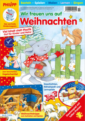 Die Abbildung zeigt die Titelseite der Kinderzeitschrift PHILIPP die Maus Ausgabe Nr. 11/2026. Das Hauptmotiv zeigt PHILIPP der ein Eichhörnchen füttert.