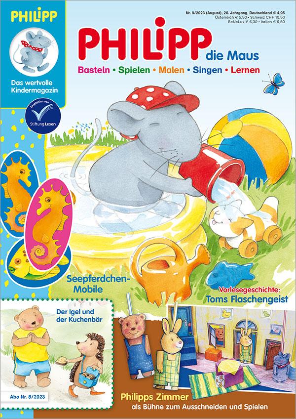 Die Abbildung zeit das Titelblatt der Kinderzeitschrift PHILIPP die Maus Ausgabe 8/2023.