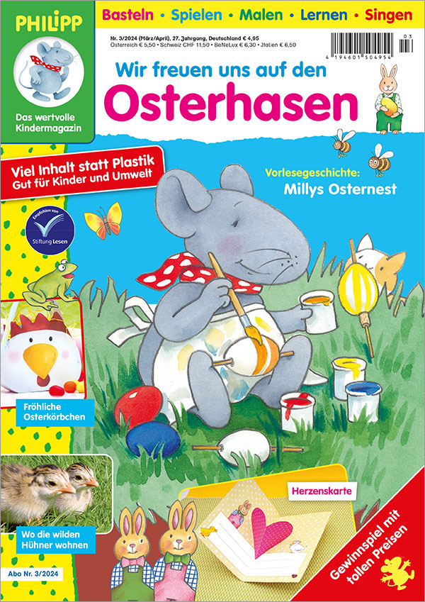 Die Abbildung zeigt die Titelseite der Ausgabe 3/2024 der Kinderzeitschrift PHILIPP die Maus