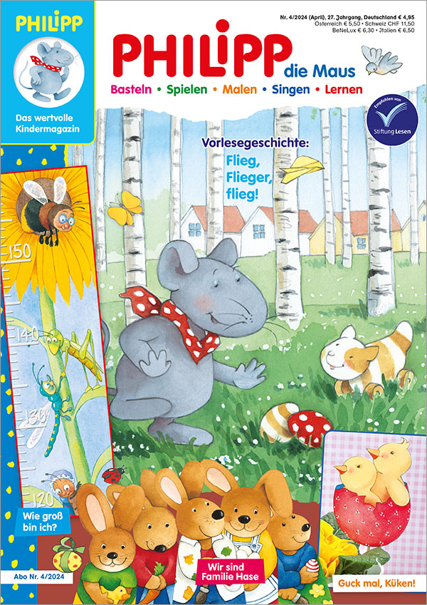Die Abbildung zeigt die Titelseite der Ausgabe 4/2024 der Kinderzeitschrift PHILIPP die Maus