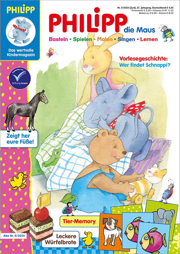 Die Abbildung zeigt die Titelseite der Ausgabe 6/2024 der Kinderzeitschrift PHILIPP die Maus